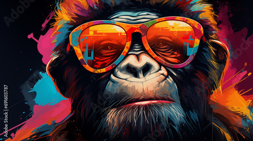 Chimpanzee in sunglasses, bright image in graffiti style.