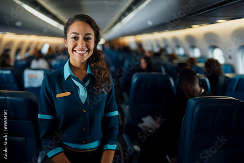 portrait of smiling stewardess in front view on an airplane, welcoming passengers photo