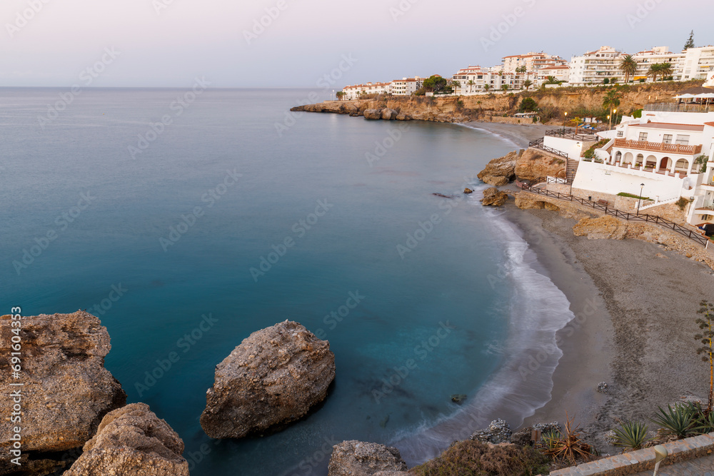 Nerja town in Spain at soft sunrise light