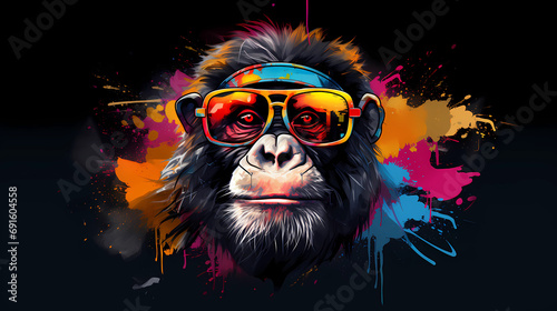 Chimpanzee in sunglasses, bright image in graffiti style.