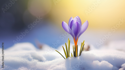 Lone Crocus Flower Shining in Snowy Terrain at Sunrise
