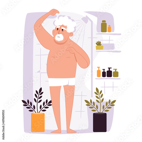 Elderly grandpa enjoys daily hygiene in a flat vector illustration. Naked senior bathing with shampoo, showcasing hair care and cleanliness. naked grandpa at bathroom, health-related. Vector.