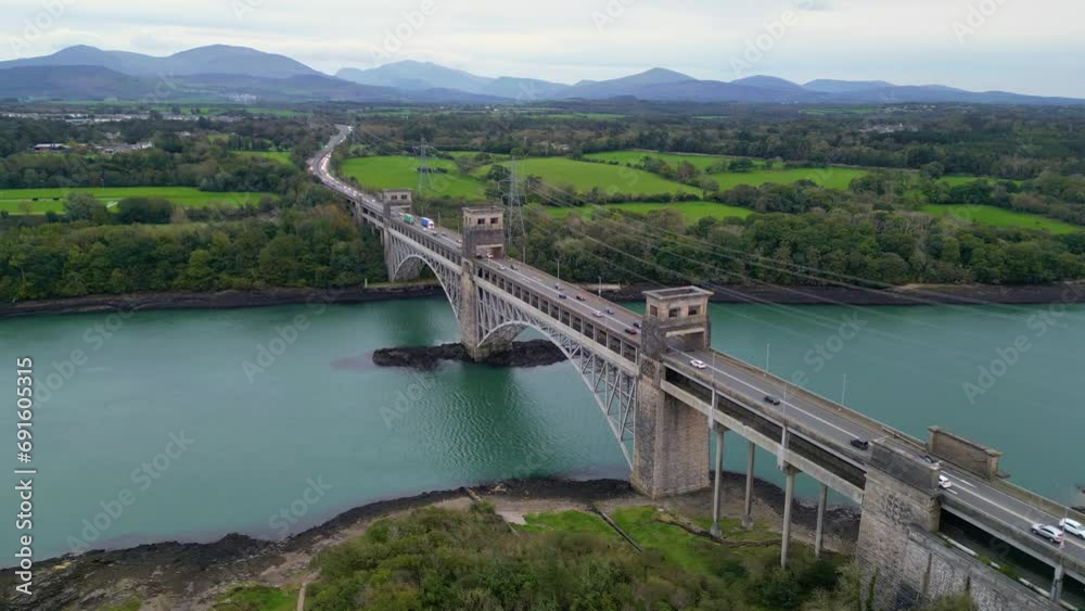 Aerial View Of Britannia Bridge carries road and railway across the Menai Straits between, Snowdonia and Anglesey. Wales, United Kingdom Aerial Aerial View Of Britannia Bridge carries road and railway across the Menai Straits between, Snowdonia and Anglesey. Wales, United Kingdom Aerial