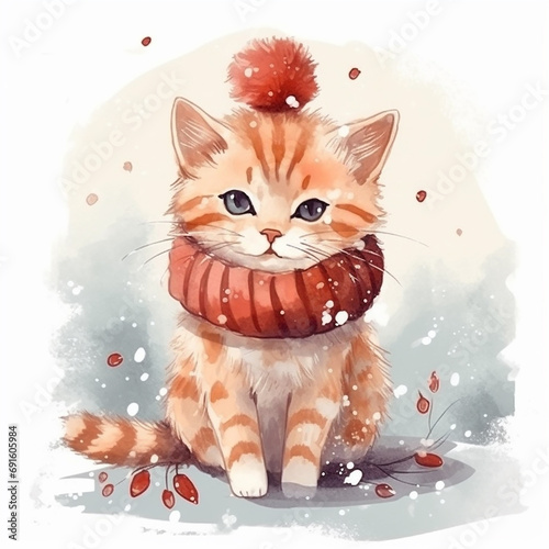 - 2 white kitten with pink scarf and hat, watercolor, generative AI