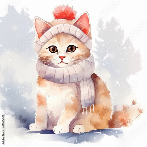 - 9 white kitten with pink scarf and hat, watercolor, generative AI
