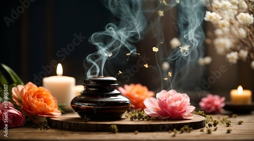 Aromatherapy concept  aromatic incense sticks and candles  spa and wellness background 