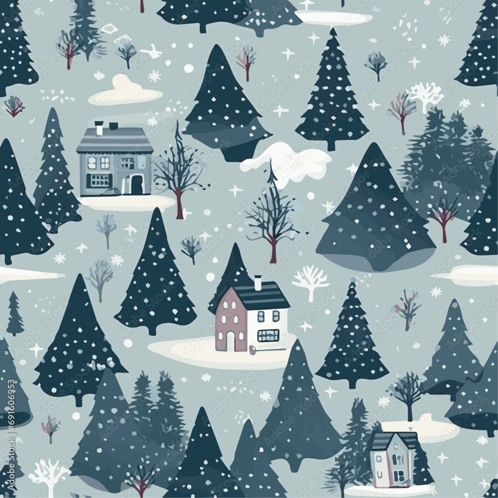 Seamless pattern of  winter landscape with trees and snow