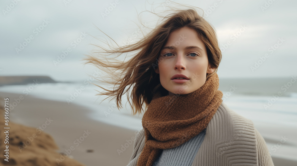 Stylish girl walks along the ocean coast on a cool autumn or winter day. Sand beach, windy weather. Beautiful woman on travel. Walk on the sea coastline. Amazing scenic outdoor view. Generated AI Stylish girl walks along the ocean coast on a cool autumn or winter day. Sand beach, windy weather. Beautiful woman on travel. Walk on the sea coastline. Amazing scenic outdoor view. Generated AI