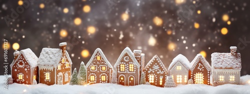 gingerbread houses are on a snowy background with lights Generative AI