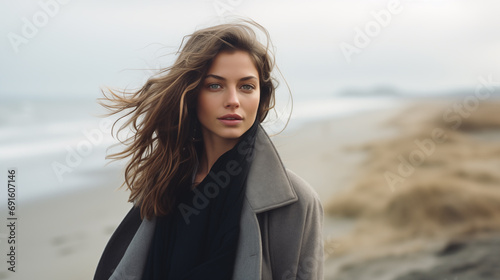 Stylish girl walks along the ocean coast on a cool autumn or winter day. Sand beach, windy weather. Beautiful woman on travel. Walk on the sea coastline. Amazing scenic outdoor view. Generated AI