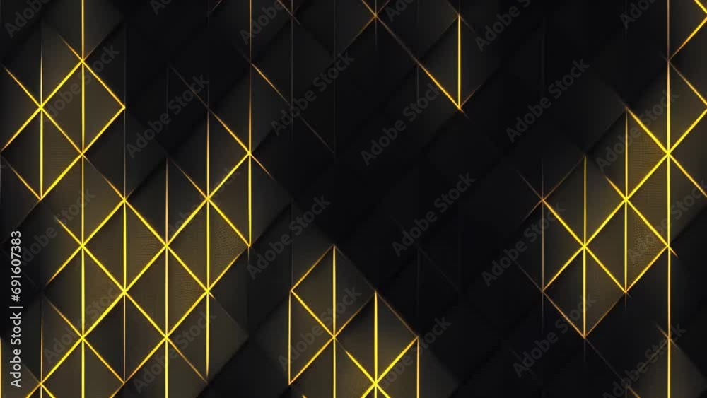  Luxury triangle abstract black metal background with golden light lines. Dark 3d geometric texture illustration. Bright grid pattern. Pure black horizontal banner wallpaper. Carbon elegant wedding