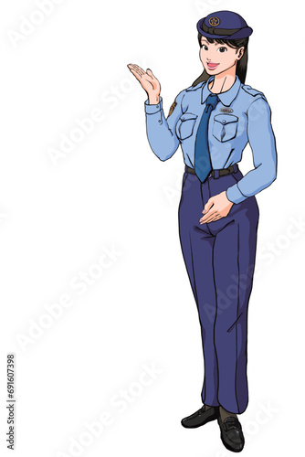 笑顔でご案内する若い女性警察官_夏服ズボン