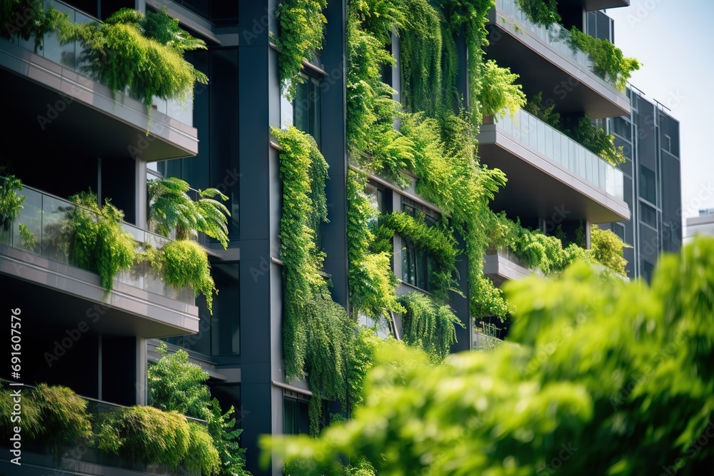 Skyscraper Building with Plants Growing on Facade, a Vertical Green Oasis Adorning Tall Building Walls, Enriching the Urban Environment with Life and Beauty. created with Generative AI