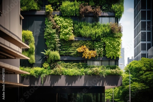 Skyscraper Building with Plants Growing on Facade, a Vertical Green Oasis Adorning Tall Building Walls, Enriching the Urban Environment with Life and Beauty. created with Generative AI