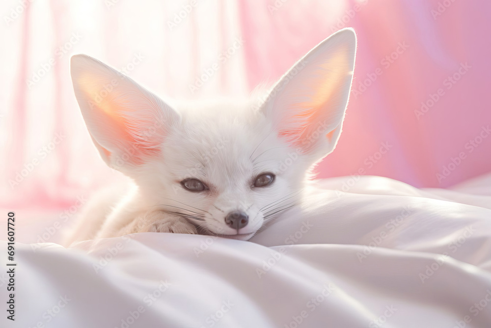 a small white fox fennec laying on top of a bed, a small white fox fennec laying on top of a bed,