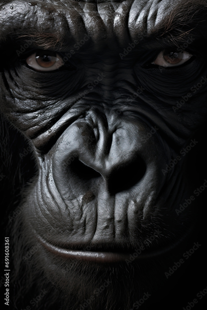 Gorilla face. Closeup portrait shot. Generative Ai