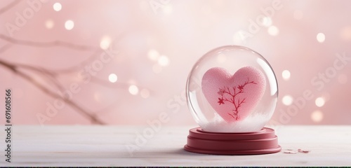 A delicate red heart-shaped snow globe resting on a pastel pink surface, encapsulating a dreamy Valentine's Day scene.