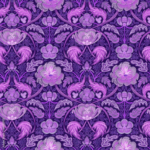 Seamless pattern, ornament with leotard and cinquefoil, flowers and leaves on a purple background in Morris style. Small format. Digital illustration. Suitable for interior, wallpaper, fabrics, clothi photo