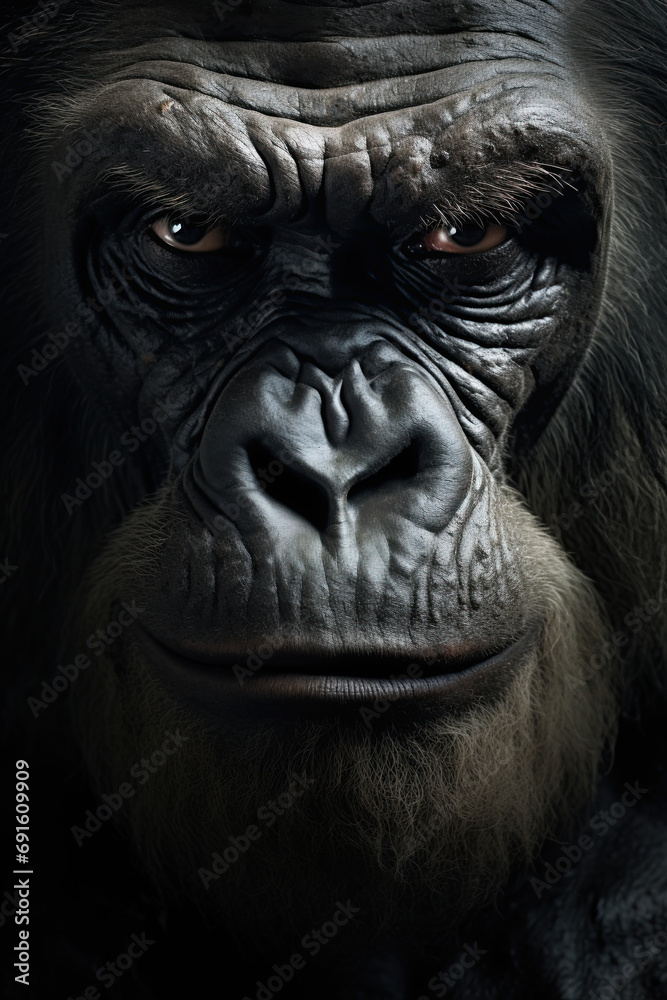 Gorilla face. Closeup portrait shot. Generative Ai