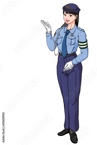 笑顔でご案内する若い女性警察官_夏服ズボン交通腕章あり