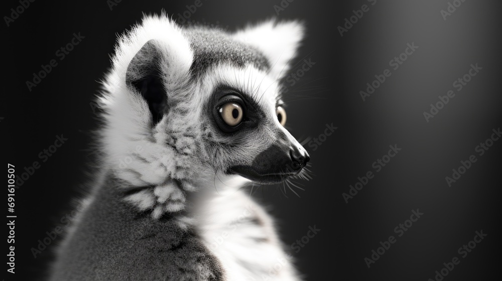 Obraz premium Close-up of a funny lemur looking at the camera. The animal in its natural environment. Natural background. Illustration for cover, postcard, interior design, banner, brochure, etc.