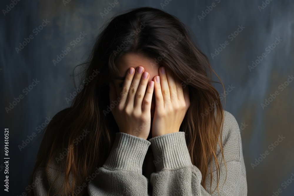 Emotional Turmoil Young Woman with Long Hair Covering Her Face in Distress, Conveying a Powerful Depiction of Depression, Loneliness, and Overwhelming Emotion. created with Generative AI Emotional Turmoil Young Woman with Long Hair Covering Her Face in Distress, Conveying a Powerful Depiction of Depression, Loneliness, and Overwhelming Emotion. created with Generative AI