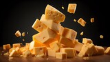 Cubes of Golden Delight: Falling Maasdam Cheese on Black Background