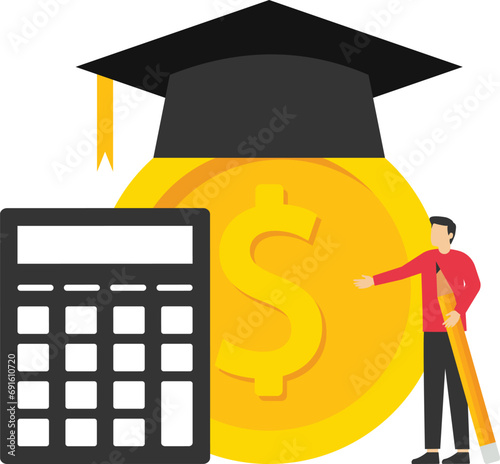 Student loan calculation concept, postgraduate student standing with mortarboard cap calculator, education budget allocation, university fees and debt repayment or scholarship payment concept.

