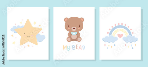 Cartoon cute children s posters. Vector design for children s room d  cor  textiles  clothes  party for expectant mother. The Bear  the Star and the Rainbow
