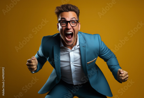 Excited businessman celebrating success keeping mouth open spreading hands isolated on solid color background studio portrait.