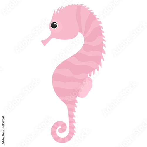 Small decorative seahorse. Marine inhabitants. Bright pink cute seahorse. Reef dwellers. Isolated on white background.