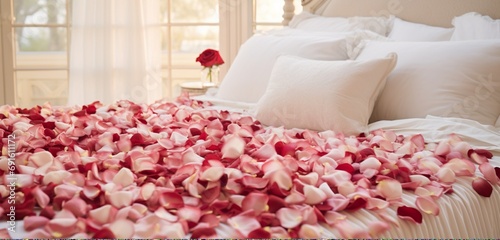 A bed covered in a harmonious blend of red, white, and pink rose petals.