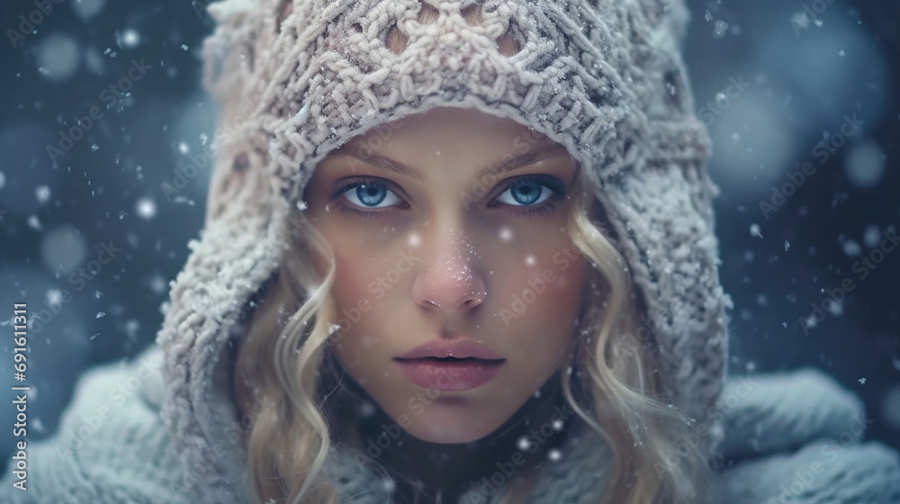Beautiful woman in a snowy day of winter covering with warm clothes 
