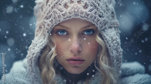 Beautiful woman in a snowy day of winter covering with warm clothes 