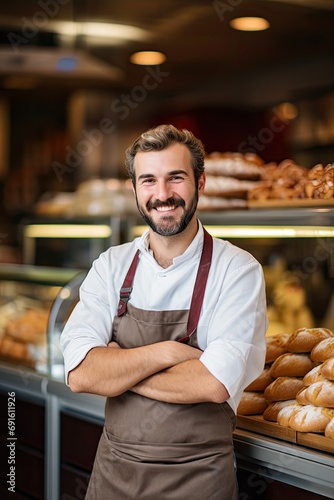 Bakery owner on the blurred bakery