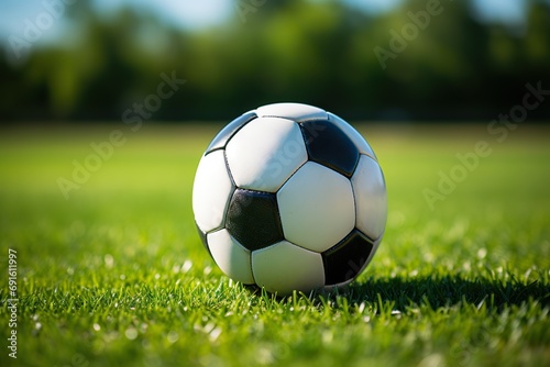 Classic Black and White Soccer Ball Energizes Green Grass, Promoting Active Lifestyle, Amateur Football, Street Soccer, and Youthful Activity in Summer Camp. created with Generative AI © photobuay