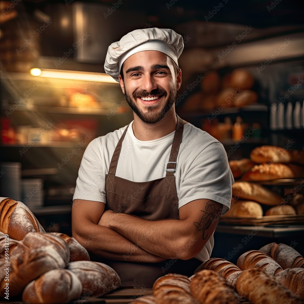 Bakery owner on the blurred bakery Bakery owner on the blurred bakery