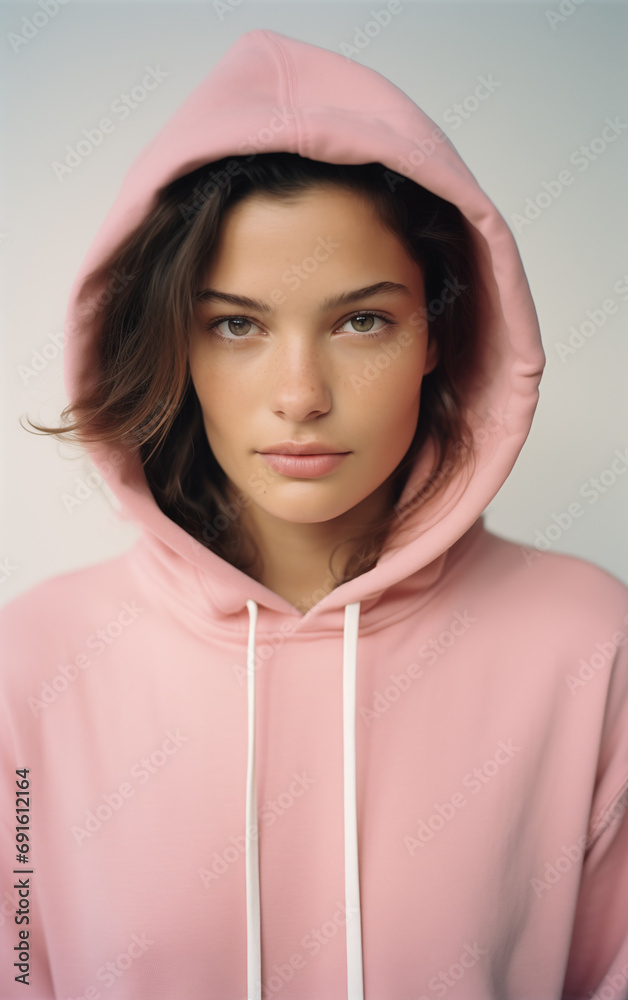Young beautiful girl in a pink hoodie posing. Warm oversized hoodie with an hood. Stylish trendy hipster bow. Trying on clothes in a store. Youth subculture. Fashion clothing. Generated AI Young beautiful girl in a pink hoodie posing. Warm oversized hoodie with an hood. Stylish trendy hipster bow. Trying on clothes in a store. Youth subculture. Fashion clothing. Generated AI
