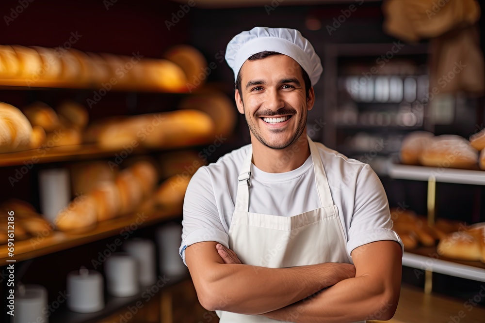 Bakery owner on the blurred bakery