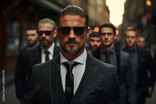 security guards, handsome men in formal wear and sunglasses, bodyguards on duty, safety measures, vigilance, black suits and ties, private security, strong men