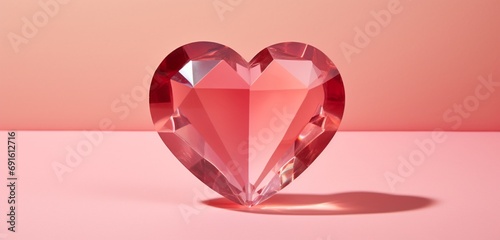 An exquisite red heart-shaped crystal paperweight resting on a pastel pink surface, capturing light and radiating love. photo