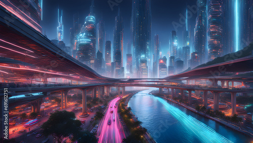 futuristic city with advanced structures and neon-colored roads  night view  lights reflected in the river surface of a large metropolis