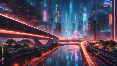 futuristic city with advanced structures and neon-colored roads; night view, lights reflected in the river surface of a large metropolis