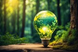 light bulb with green world map, sunlit forest background - pioneering an eco-conscious tomorrow, cultivating solutions for environmental challenges, fusing innovation, technology, and nature's