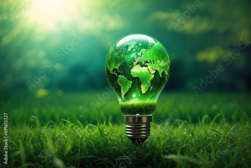 Green world map encased in a light bulb: a symbol of an eco-conscious tomorrow, innovating solutions for environmental challenges. Merging alternative energy, innovation, technology, and nature's insp