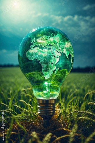 Eco light bulb with world map on green field of wheat background. Innovation idea. Technology science of environment concept. Eco concept