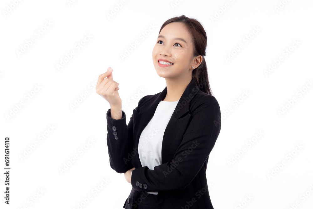 Portrait young asian businesswoman in suit standing with excited isolated white background, business woman is manager or executive thinking and idea with imagination with success, business concept. Portrait young asian businesswoman in suit standing with excited isolated white background, business woman is manager or executive thinking and idea with imagination with success, business concept.