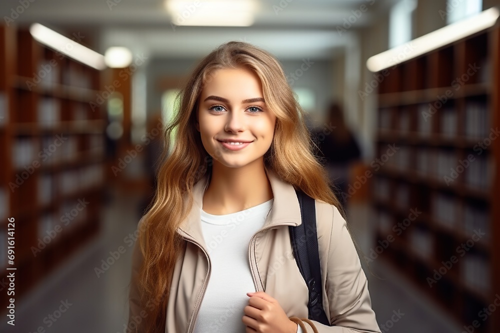 Confident High School Student Smiling Blond Girl with Backpack and Books in Modern Campus Library Setting. created with Generative AI Confident High School Student Smiling Blond Girl with Backpack and Books in Modern Campus Library Setting. created with Generative AI