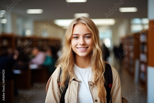 Confident High School Student Smiling Blond Girl with Backpack and Books in Modern Campus Library Setting. created with Generative AI © photobuay