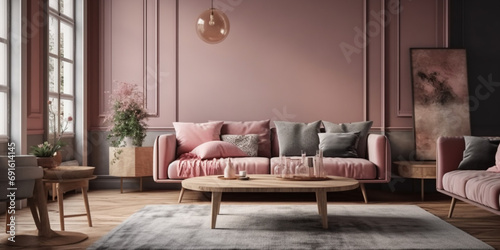 Interior of modern living room with accent coffee table, classical sofa and armchairs, pink furniture, scandinavian design, pink wall, few plants photo